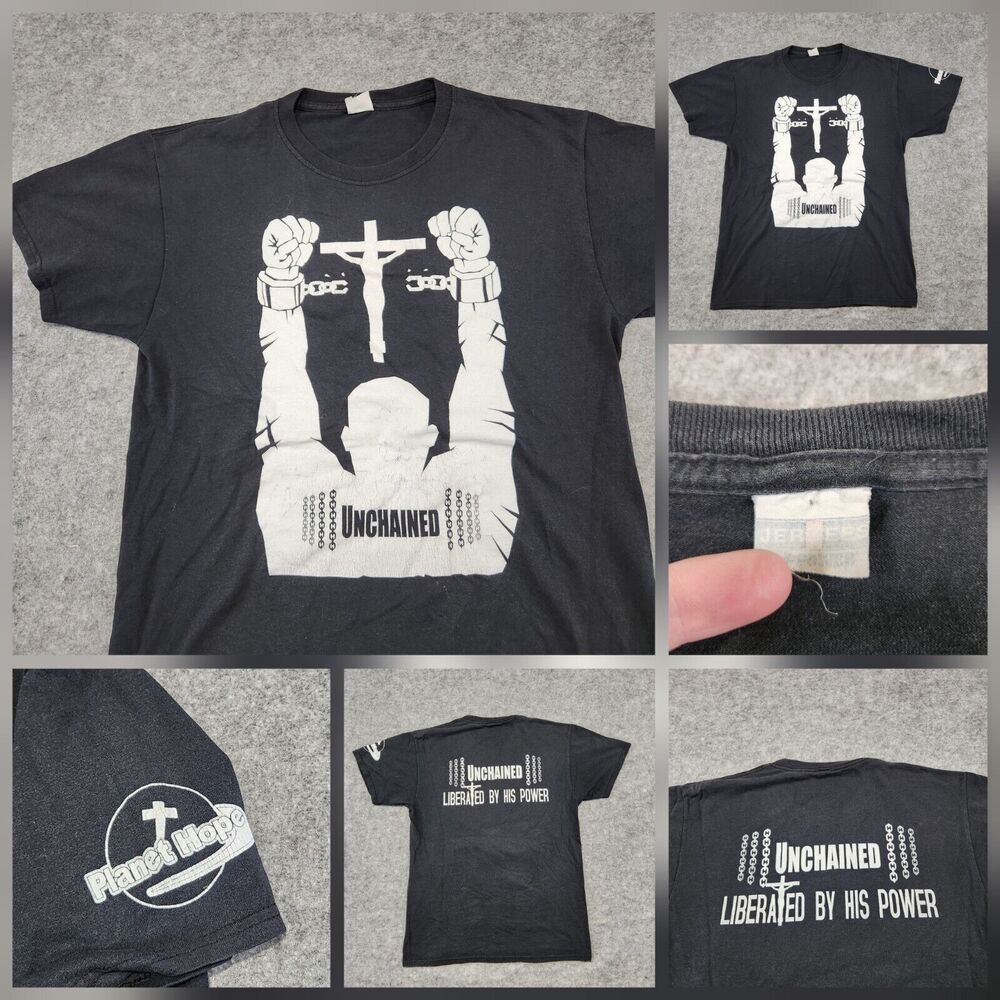 VTG Y2K Mens L Large? Planet Hope Unchained Liberated Jesus Graphic T Shirt